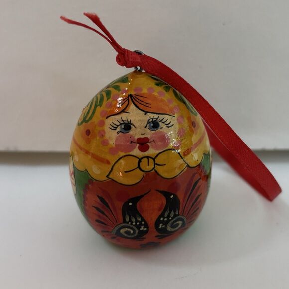 Matryoshka Wooden Doll Egg Hand Painted Babushka Russia Christmas Ornament - Picture 1 of 9